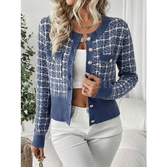 Blue Plaid Button Up Cardigan Knit Long Sleeve Stretchy - Picture 1 of 8